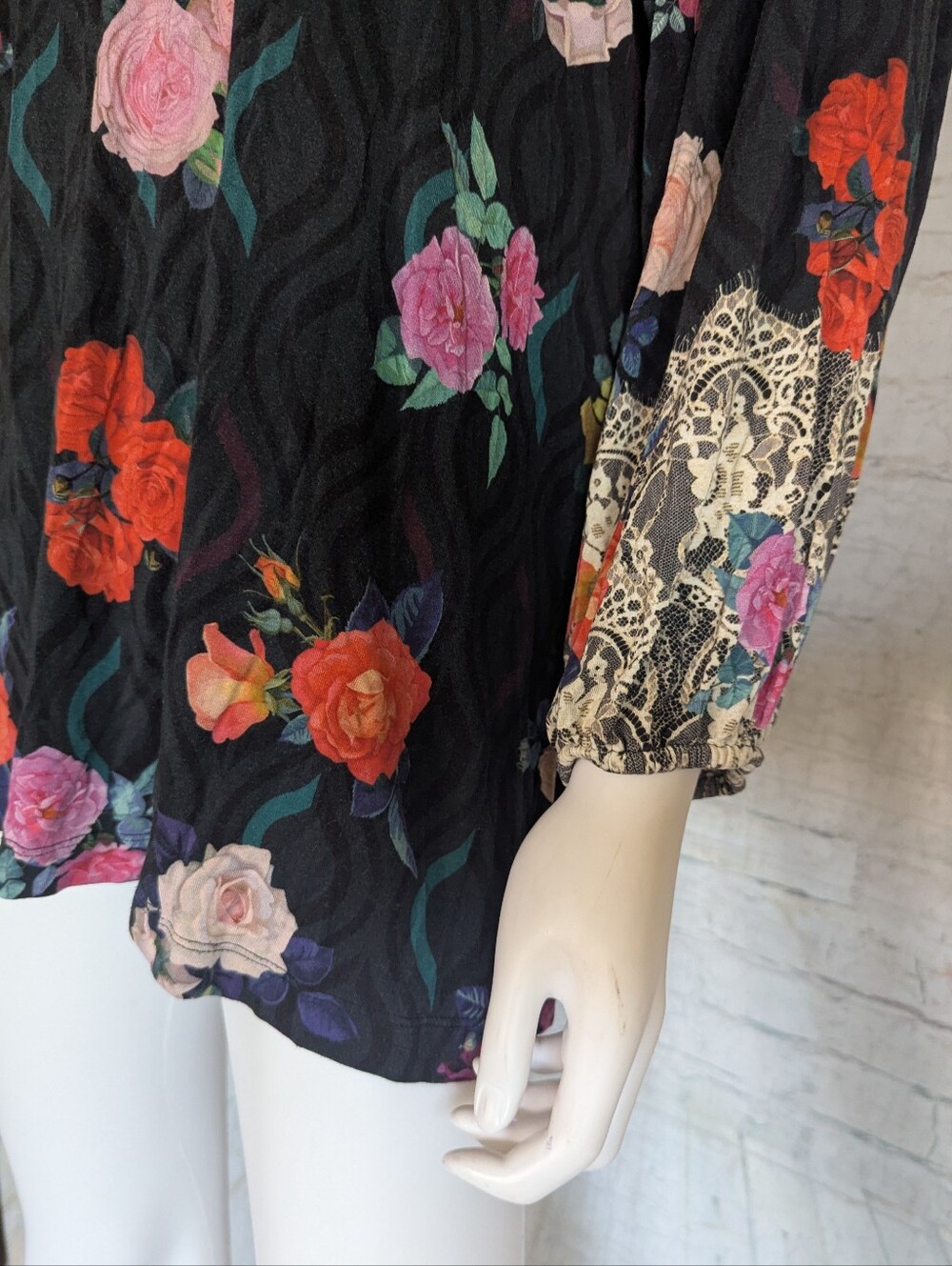 Johnny Was Black Floral Scoop-Neck Tunic with Pink & Orange Roses - Picture 2 of 6